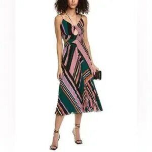 Women ba&sh Uhaina Multicolor Colorblock Print Cut-Out Strappy Pleated Dress S